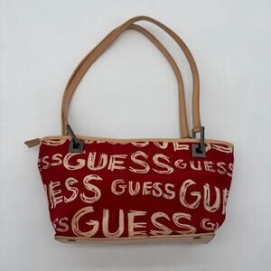 Vintage Y2K Guess Logo Print Canvas Red Shoulder Bag